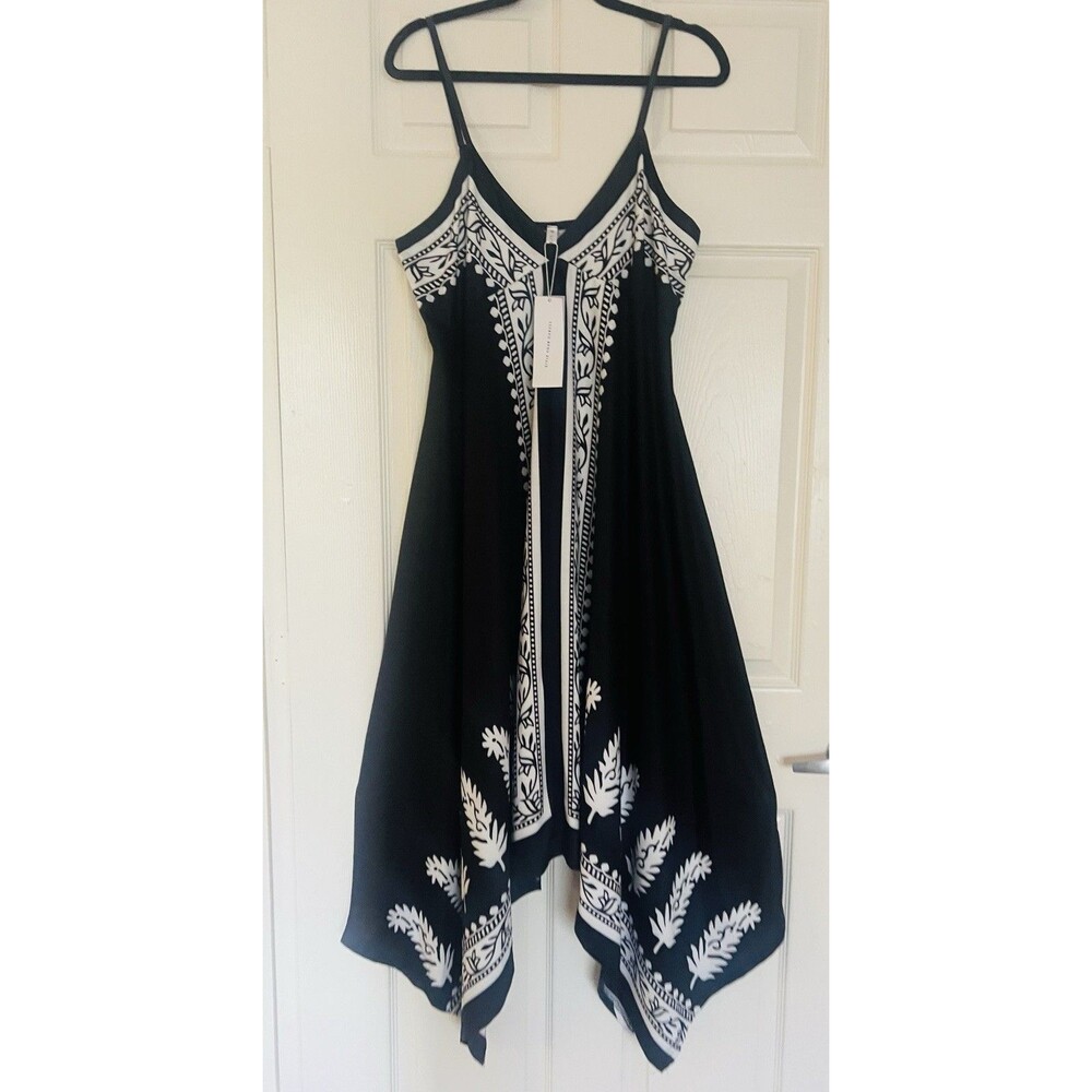 Rosegal Black White Embroidered Handkerchief Hem Cami Slip Dress Boho Sz 12/ 14